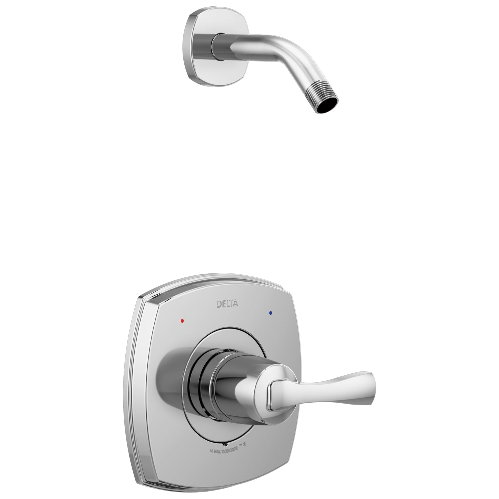 Chrome shower arm and valve trim with single lever handle and temperature indicator dots.