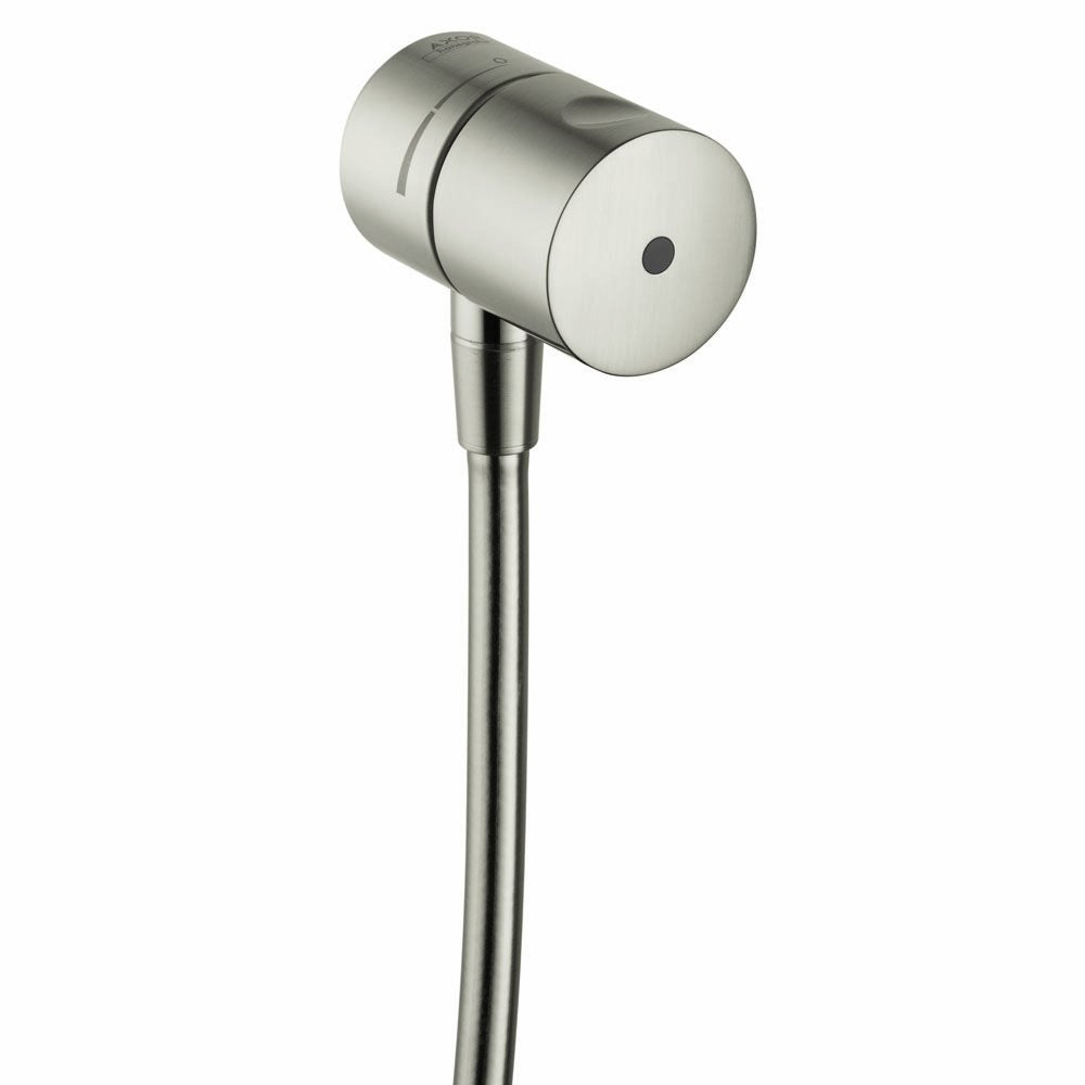 Brushed nickel cylindrical wall outlet with control knob and outlet port on angled mounting arm.