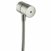 Brushed nickel cylindrical wall outlet with control knob and outlet port on angled mounting arm.