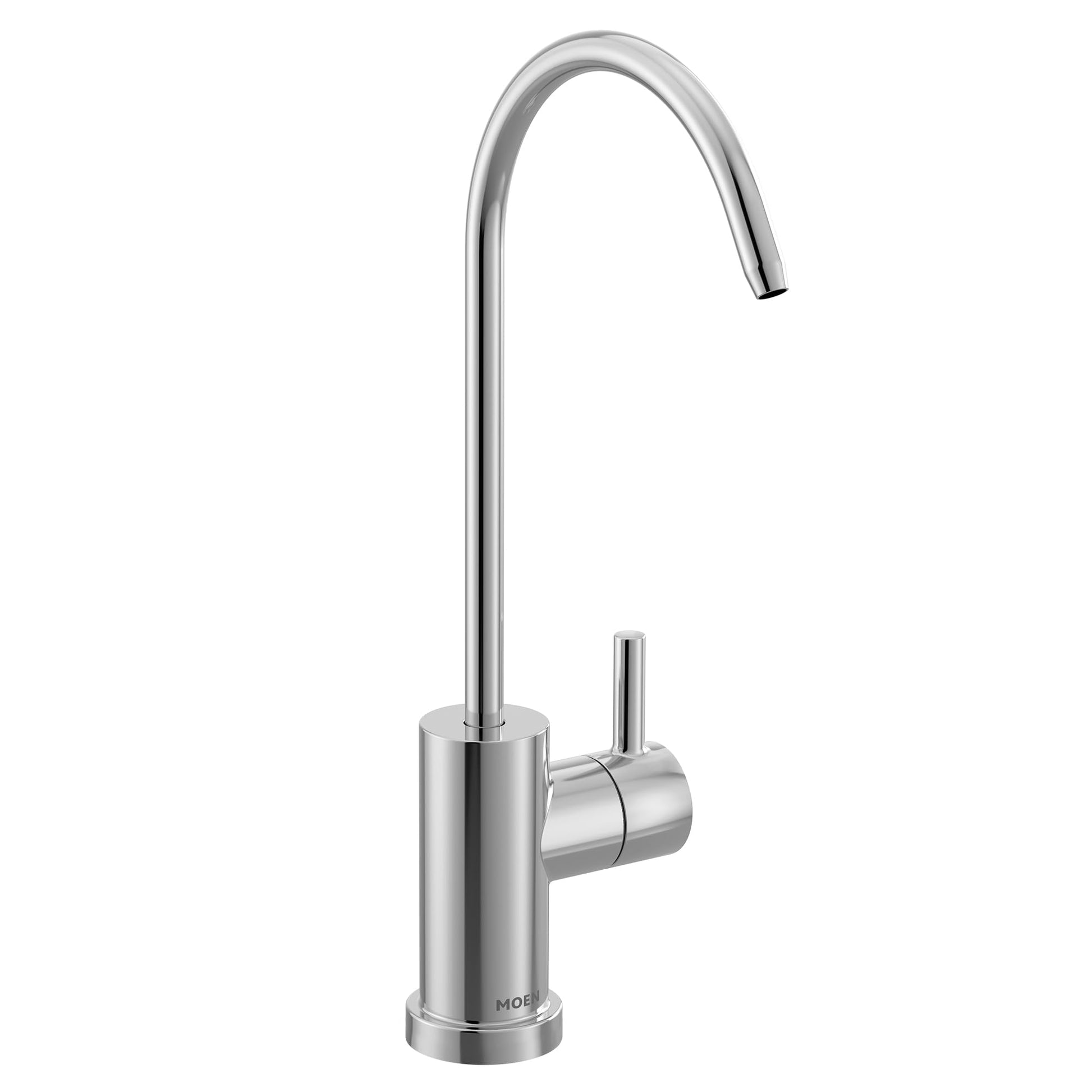 Chrome beverage faucet with high arc spout and single side handle.