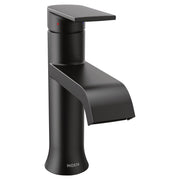 Matte black single-handle bathroom faucet with curved spout and cylindrical base.