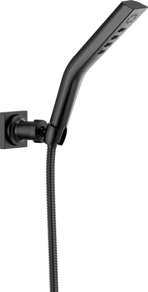 Black wall-mounted hand shower with curved head, control buttons, flexible hose, and square mounting bracket.