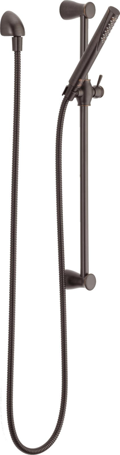 Oil-rubbed bronze hand shower with adjustable slide bar, hose, and wall mount.