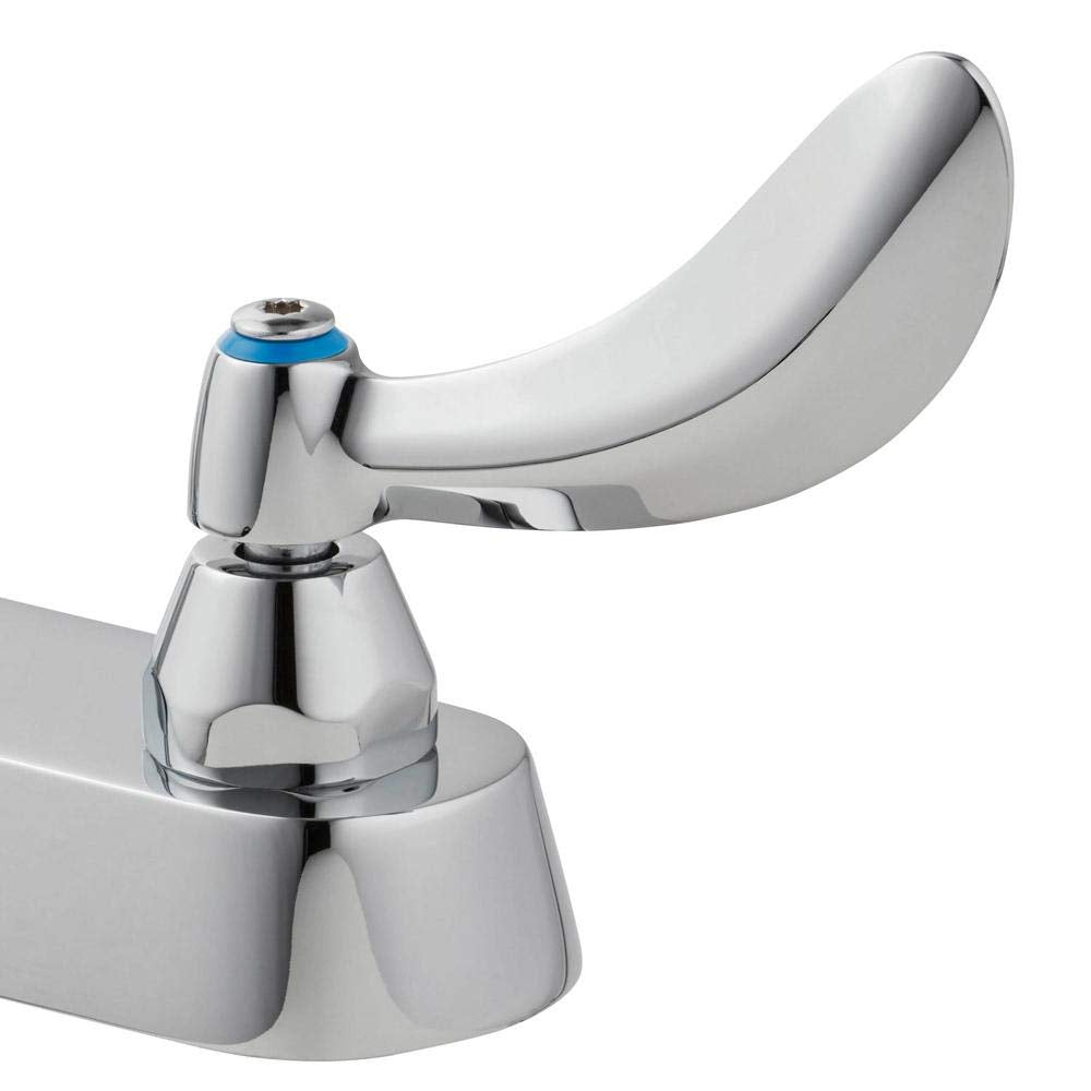 Chrome two-handle deck mount faucet with curved spout and blue accent ring on handle.