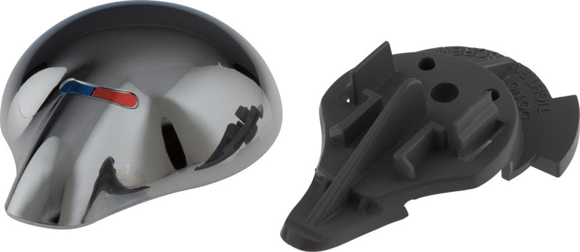 Chrome temperature control knob with blue and red indicator and matching dome cover with black mounting bracket.