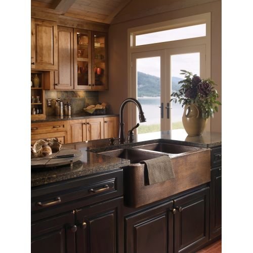 Stainless steel soap and lotion dispenser mounted on kitchen countertop near sink.