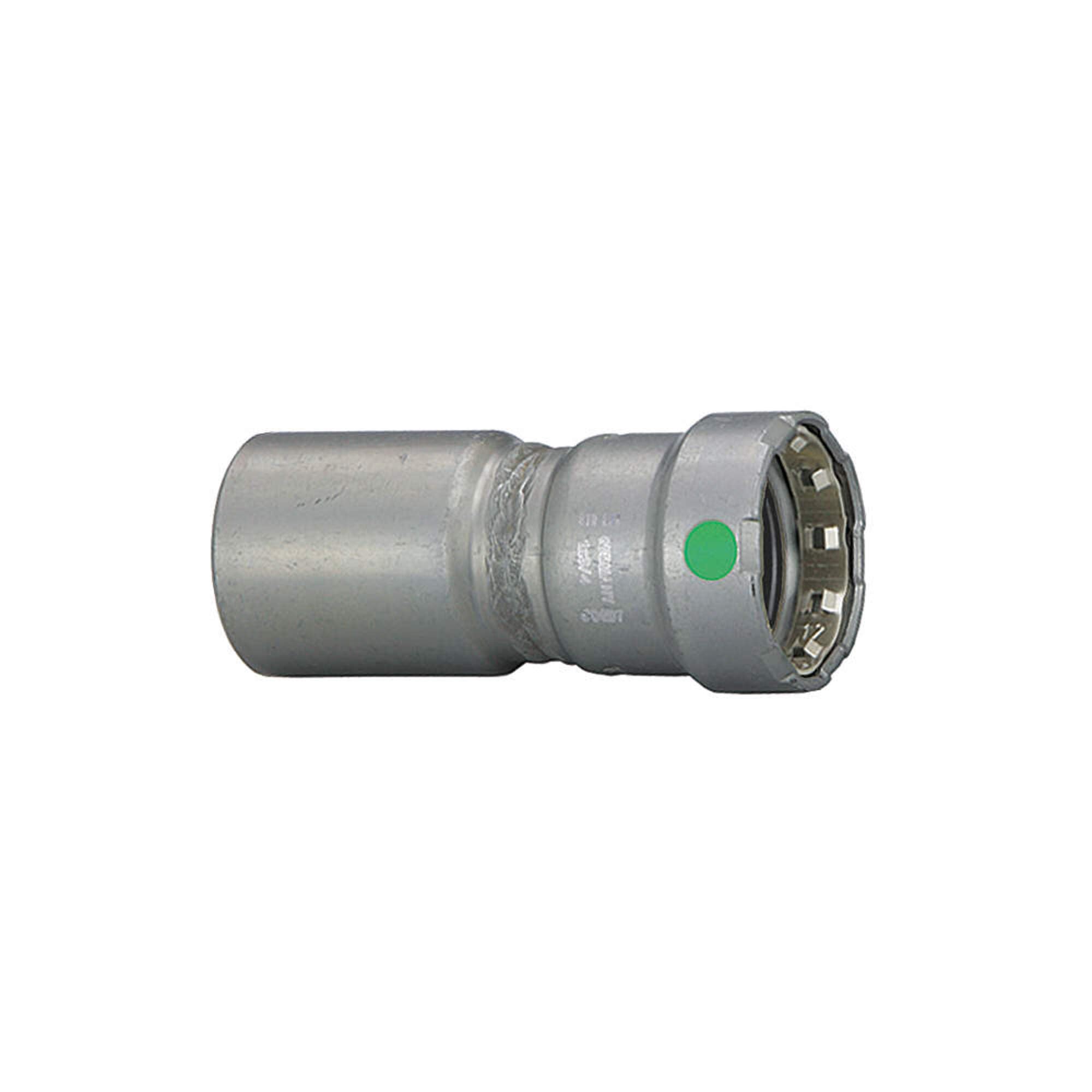 Viega MegaPress 2 press reducer with two different sized ends, zinc-nickel coated metal with green indicator dot.