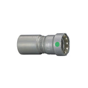 Metal press reducer fitting with larger diameter pipe on left, smaller diameter on right, green indicator dot on side.