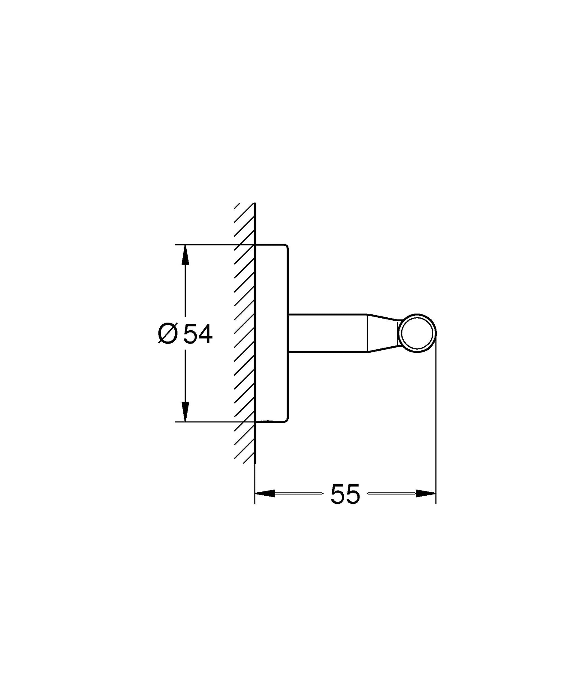Chrome robe hook with wall-mounted bracket and circular knob, 55mm projection and 54mm height dimensions shown.