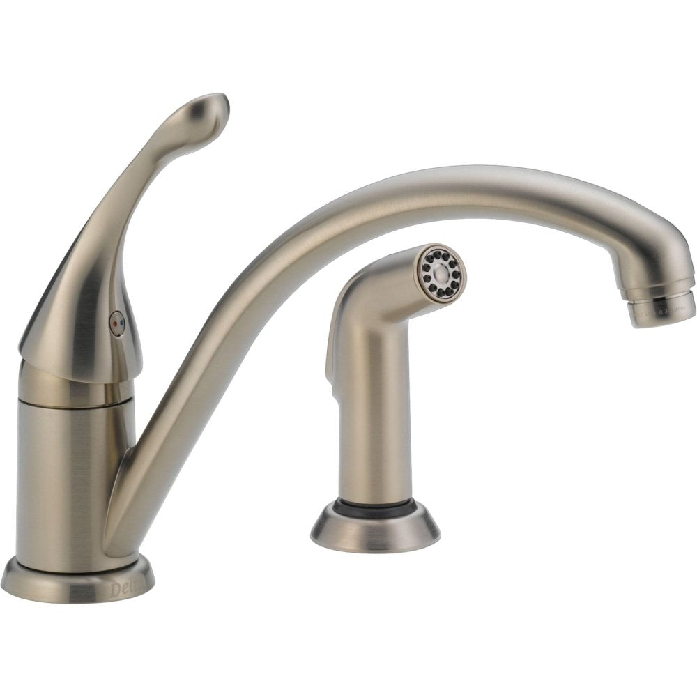 Brushed nickel single-handle kitchen faucet with curved spout and detachable spray wand.