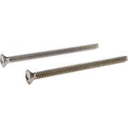 Two chrome-finish screws with Phillips head and threaded shaft for escutcheon trim installation.