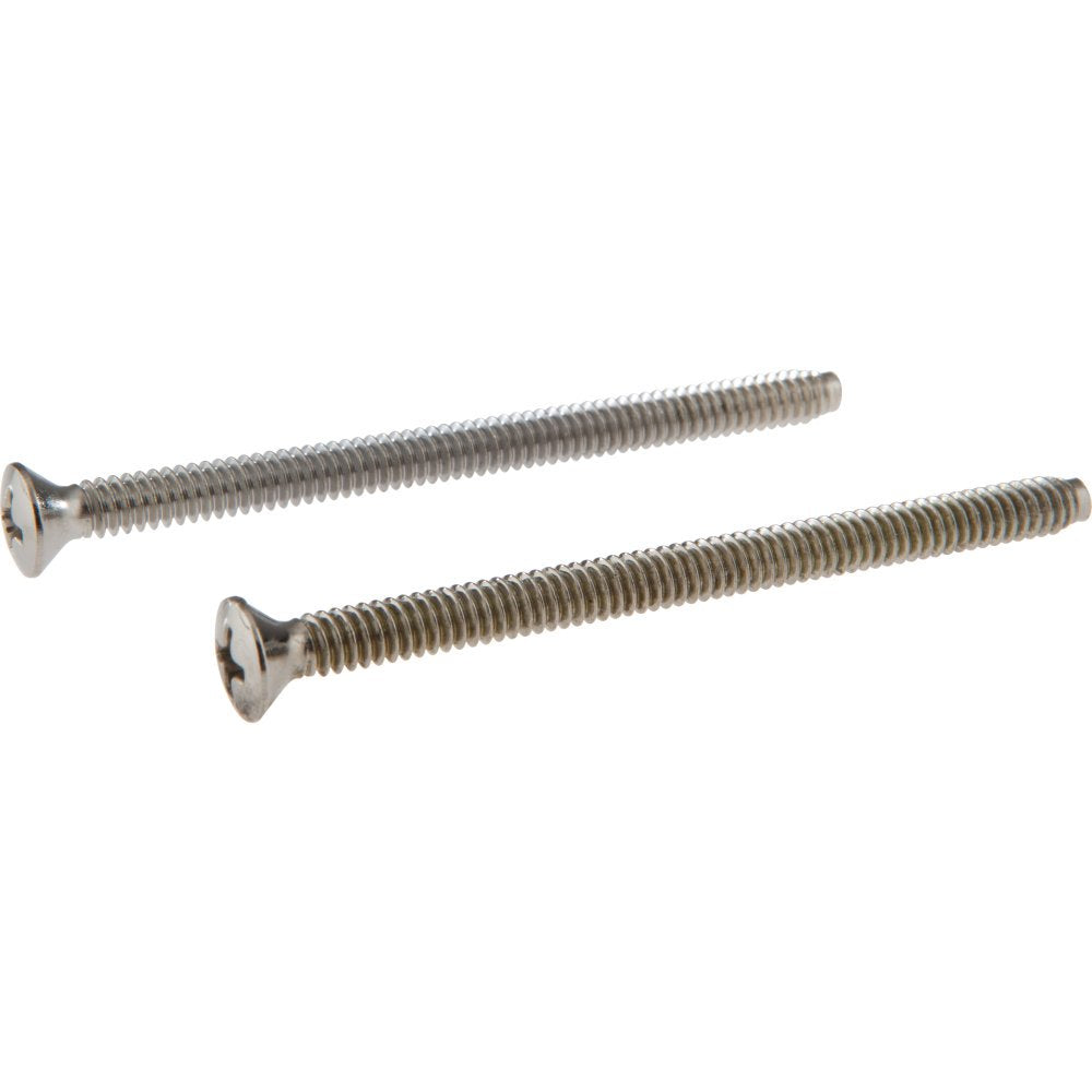 Two chrome-finish screws with Phillips head and threaded shaft for escutcheon trim installation.