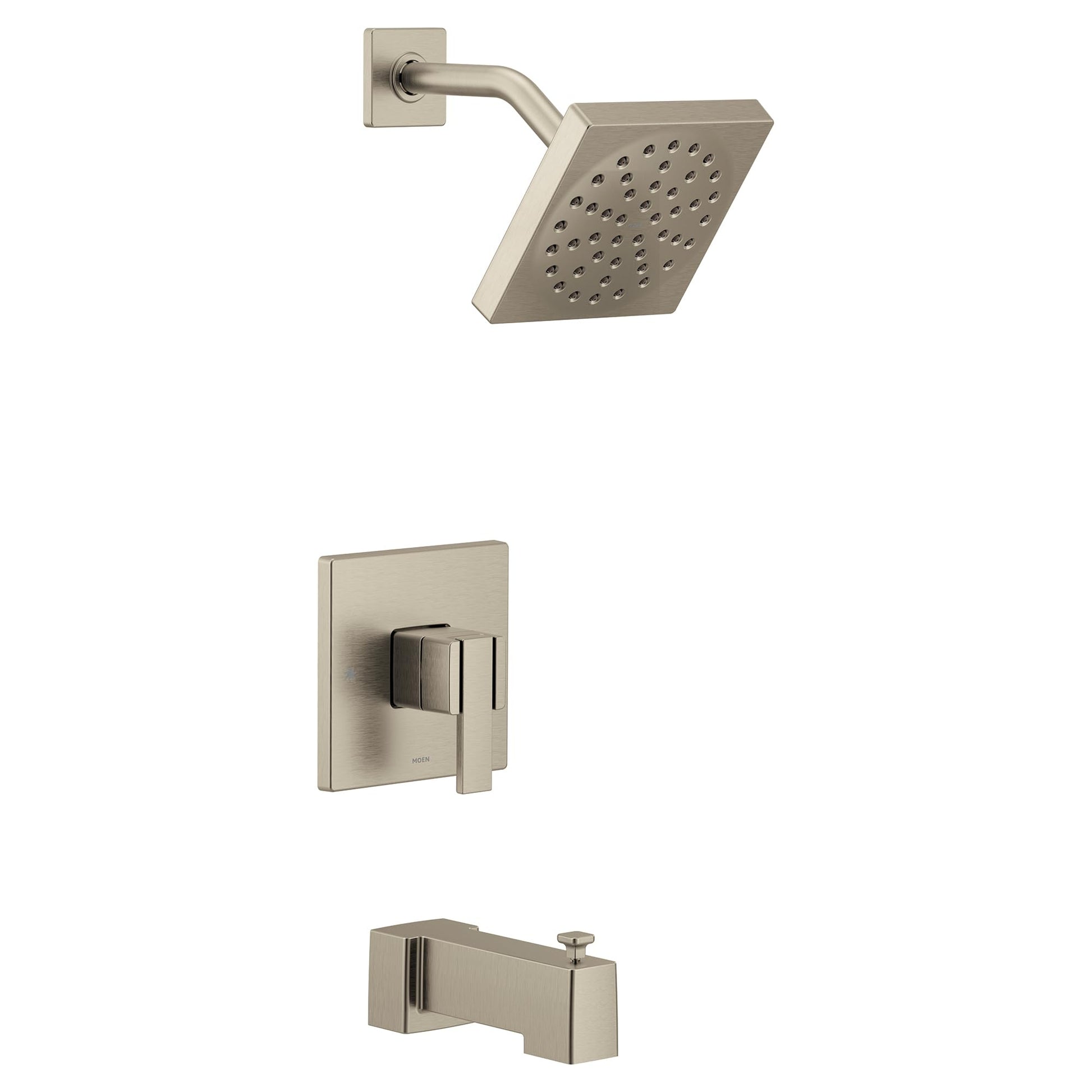 Brushed nickel tub and shower trim kit with square showerhead, wall-mounted valve handle, and tub spout.