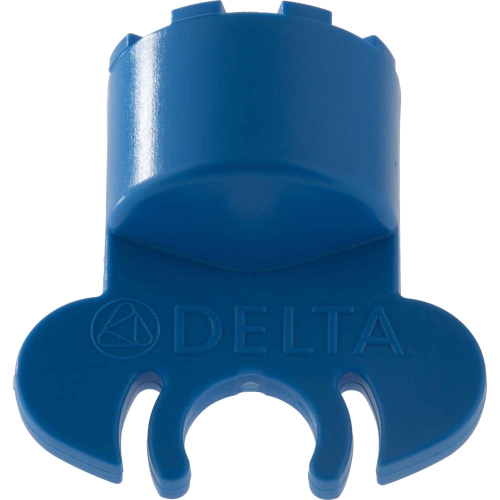 Blue plastic wrench tool with forked prongs at the base and cylindrical grip handle.