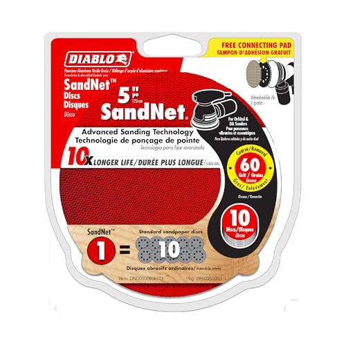 Five-inch Diablo SandNET coarse grit sanding discs in red with connection pad and packaging visible.