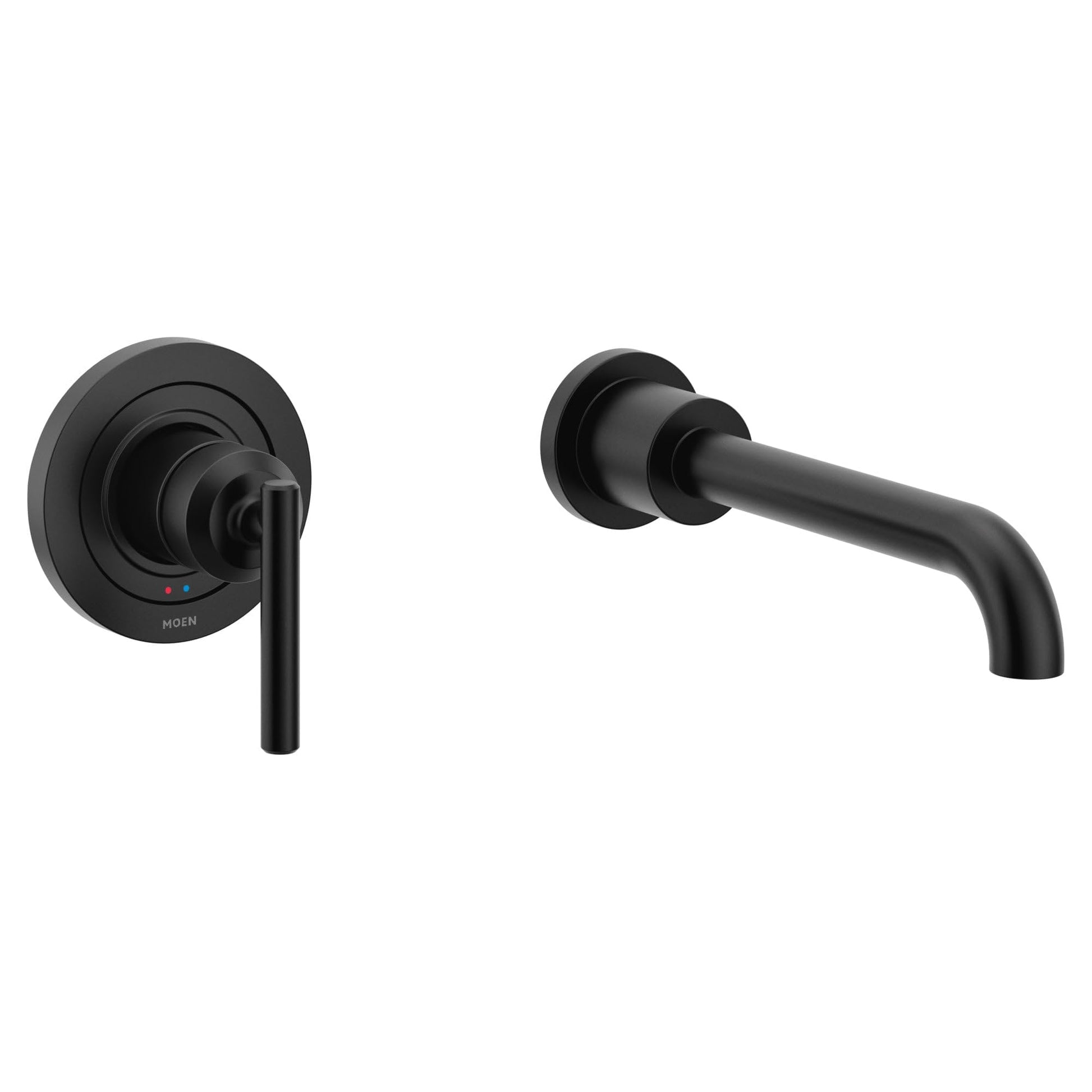 Chrome wall-mounted tub faucet with single handle control on left and curved spout on right.
