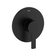Matte black circular valve trim with single lever handle and round escutcheon plate.