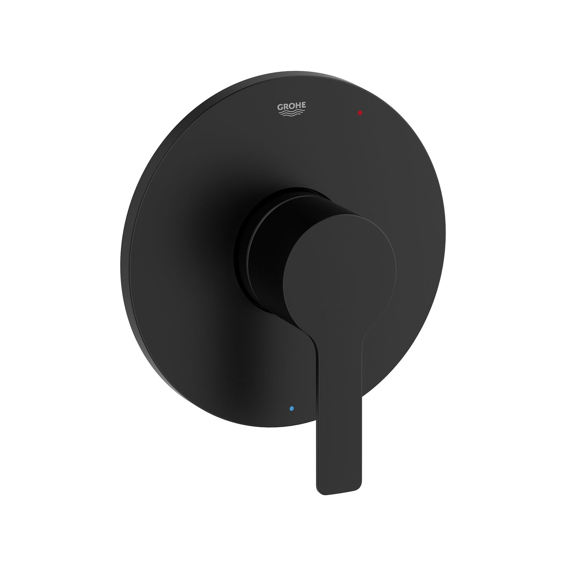 Matte black circular valve trim with single lever handle and round escutcheon plate.