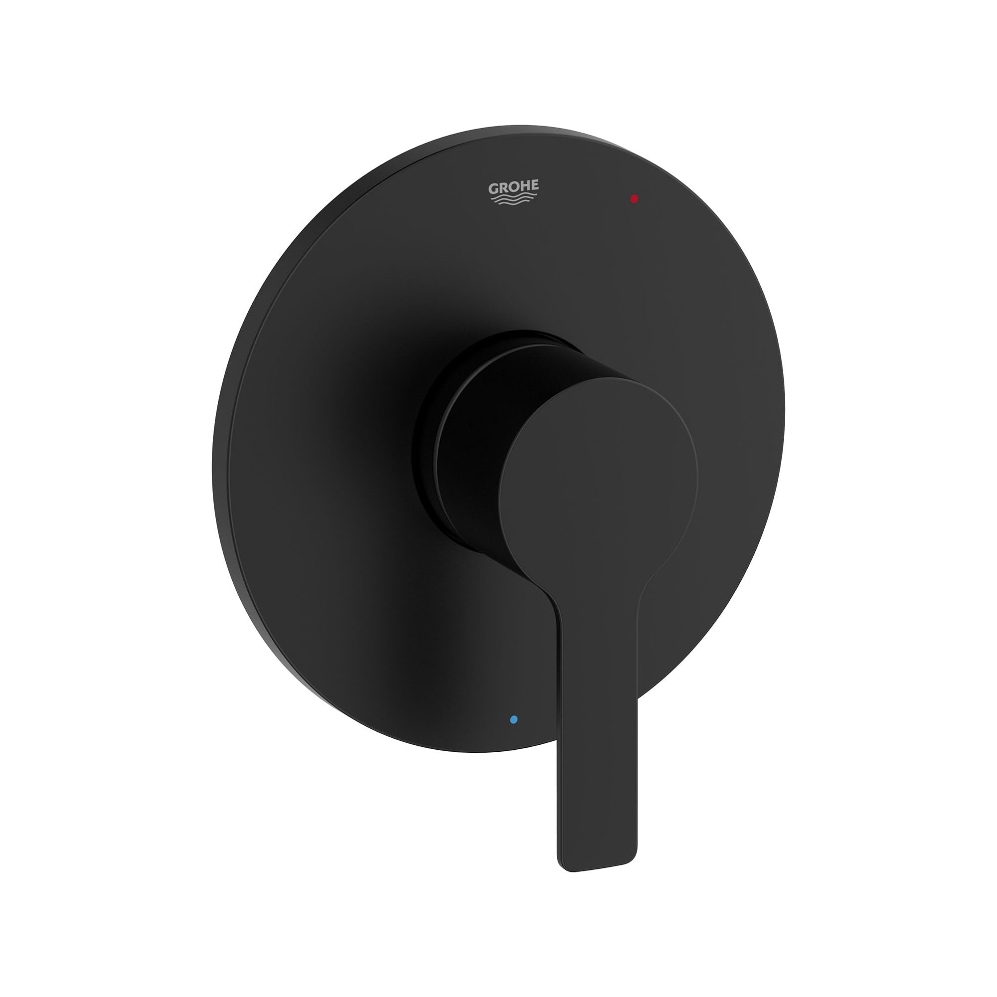 Matte black circular valve trim with single lever handle and round escutcheon plate.