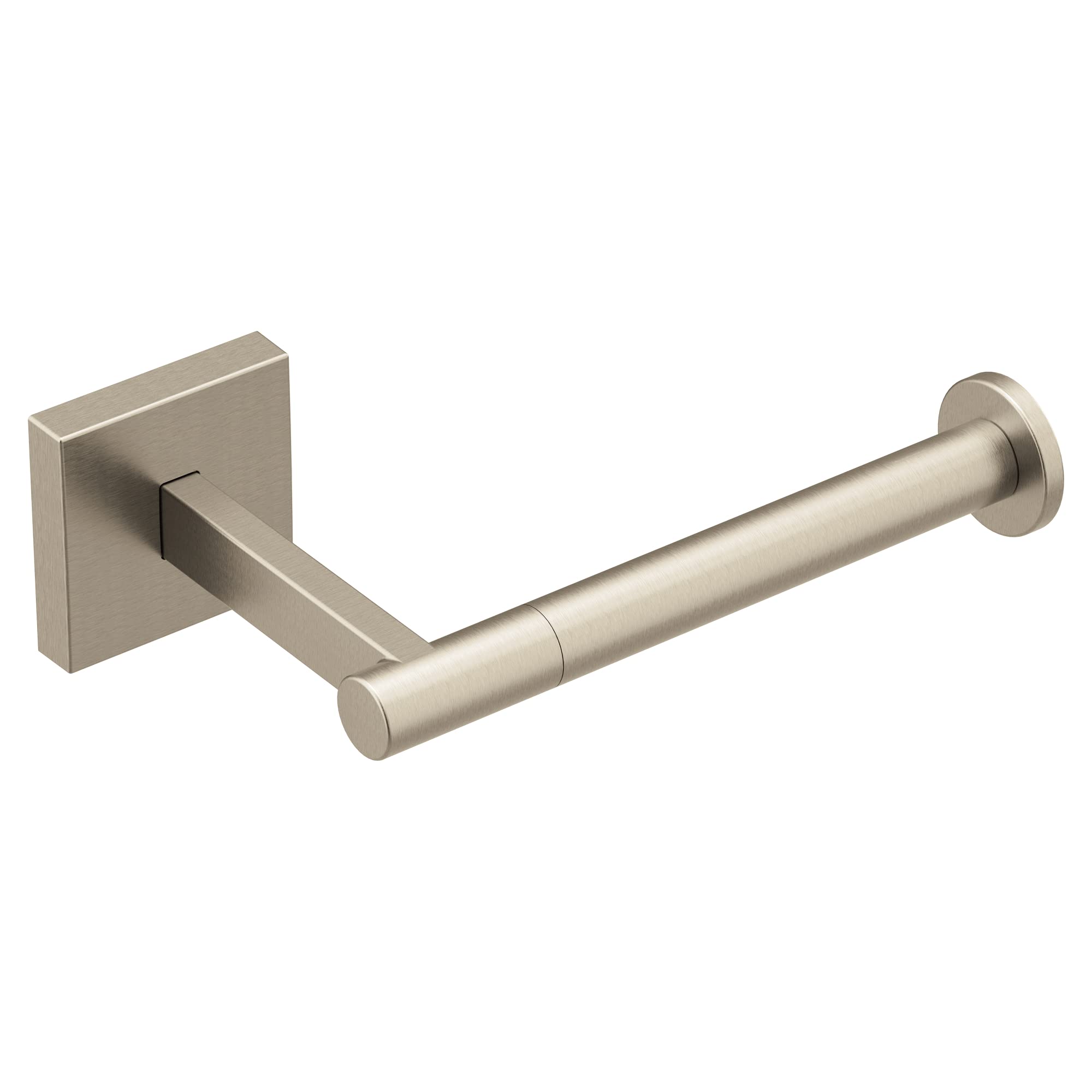 Brushed nickel single post toilet paper holder with square mounting plate and horizontal bar.