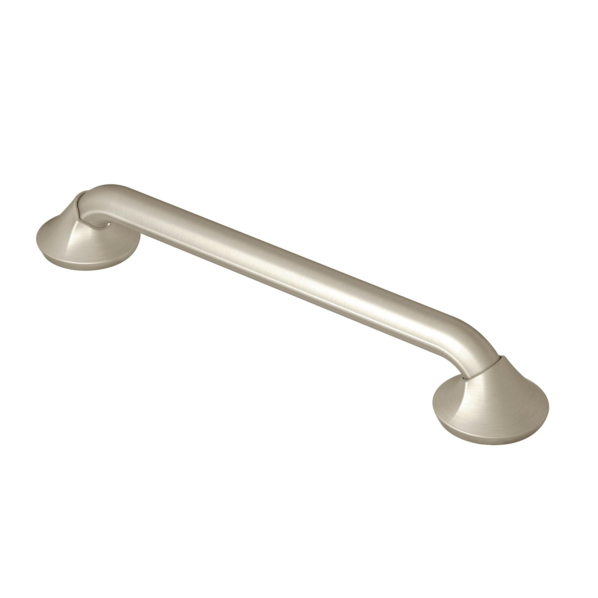 Brushed nickel stainless steel grab bar with curved ends and mounting flanges on both sides.