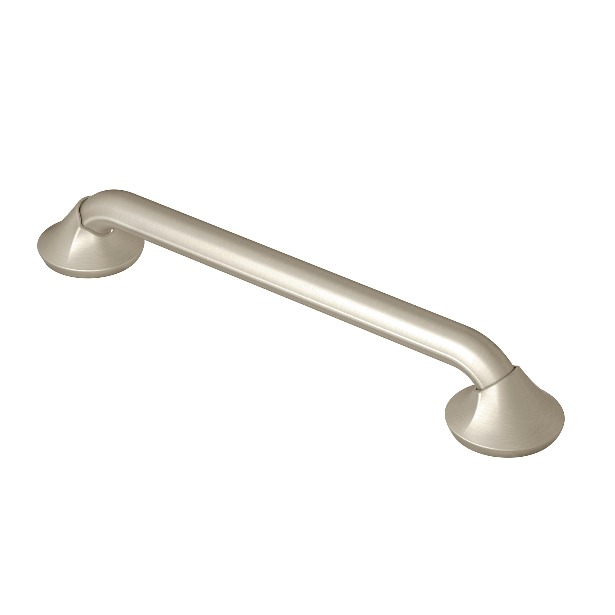 Brushed nickel stainless steel grab bar with curved ends and mounting flanges on both sides.