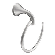 Polished chrome wall-mount towel ring with curved support arm and circular ring base.