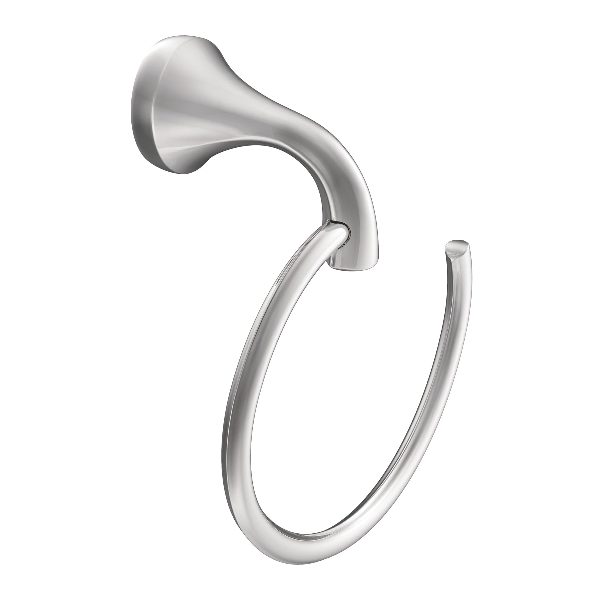 Polished chrome wall-mount towel ring with curved support arm and circular ring base.