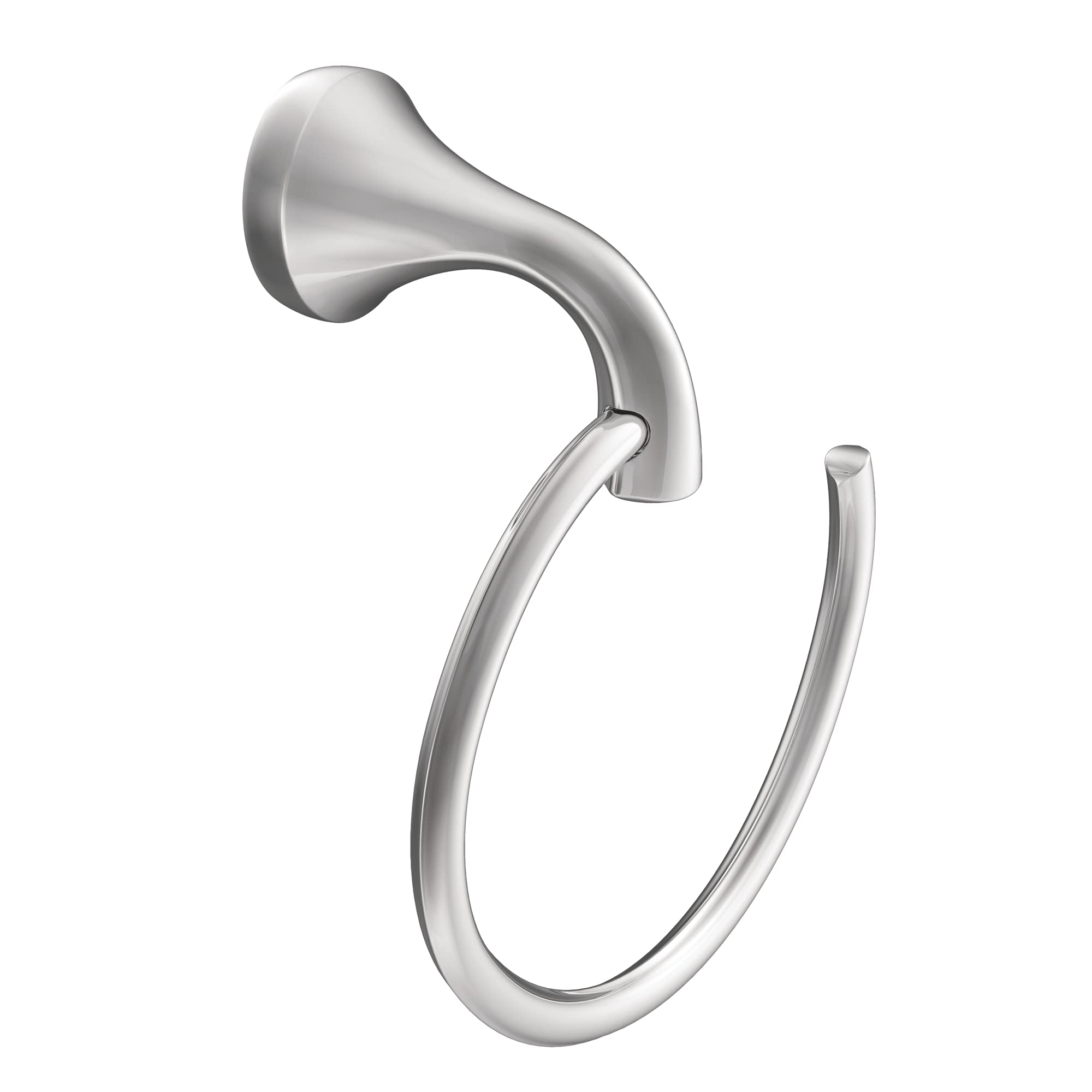 Polished chrome wall-mount towel ring with curved support arm and circular ring base.