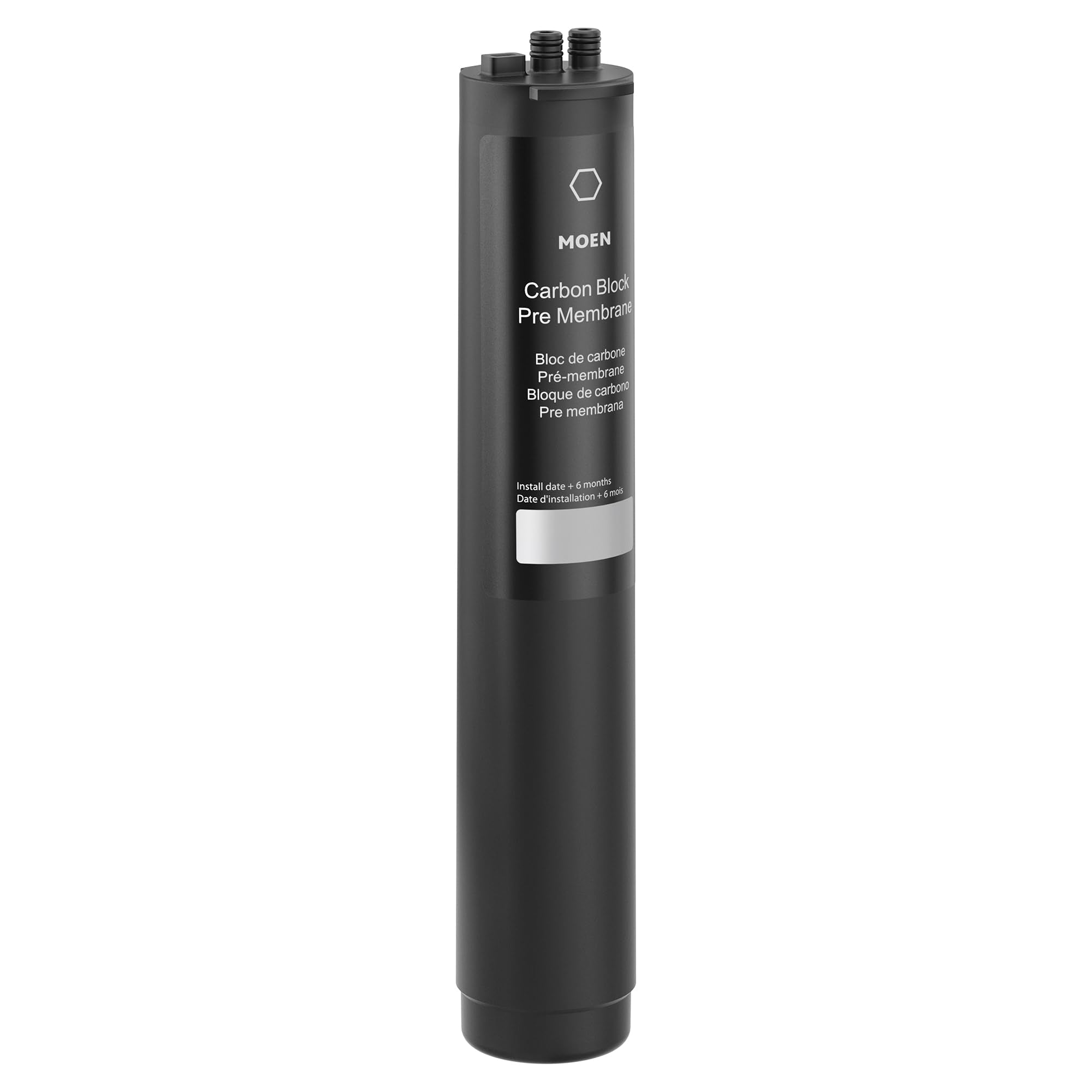 Black cylindrical Moen carbon block pre-membrane replacement filter with threaded ports at top and product label.