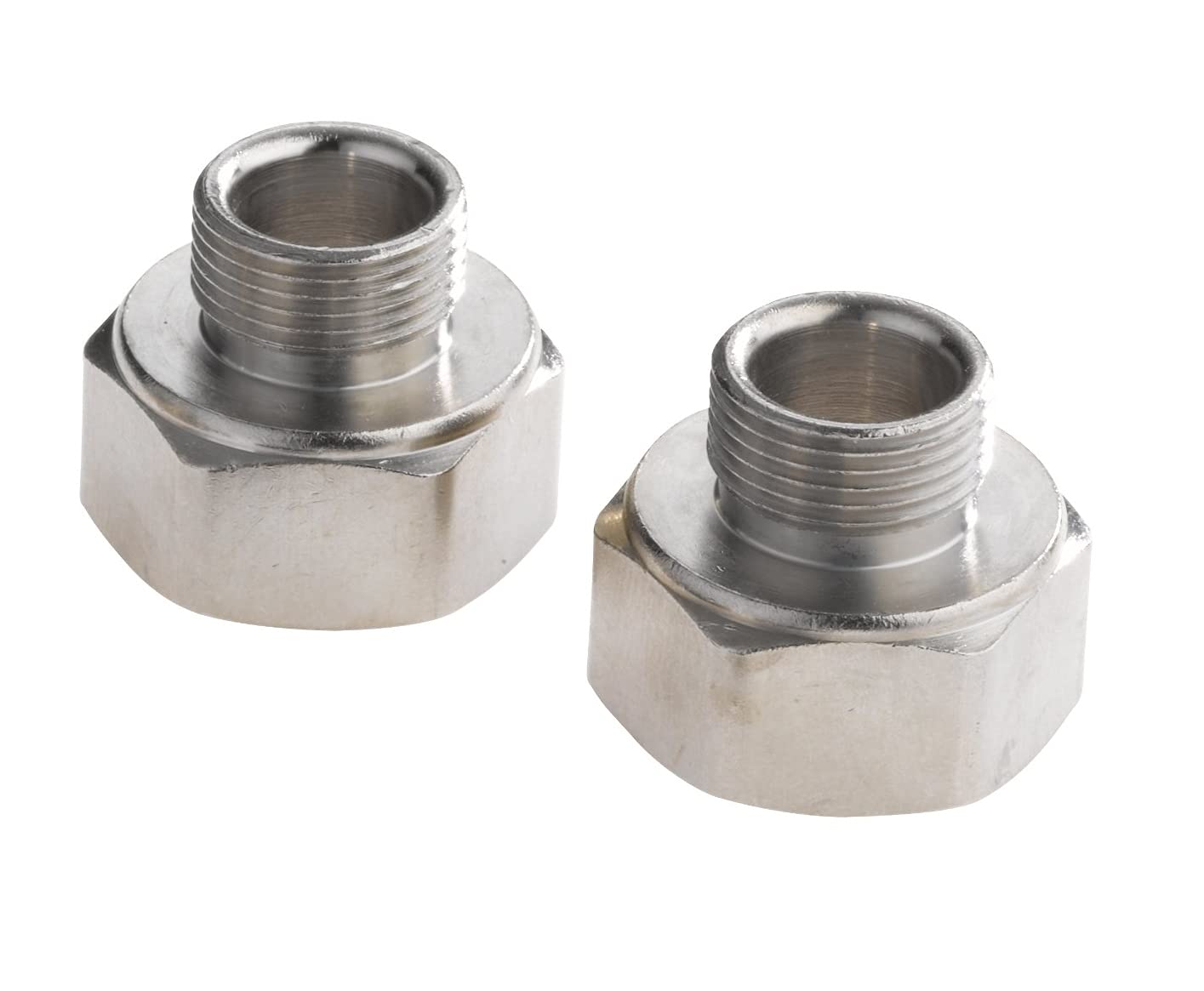 Two metallic PEX compression adapter fittings with threaded male connectors and hexagonal bodies.