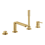Four-piece brushed gold Roman tub faucet set with single handle, spout, hand shower, and control knobs.