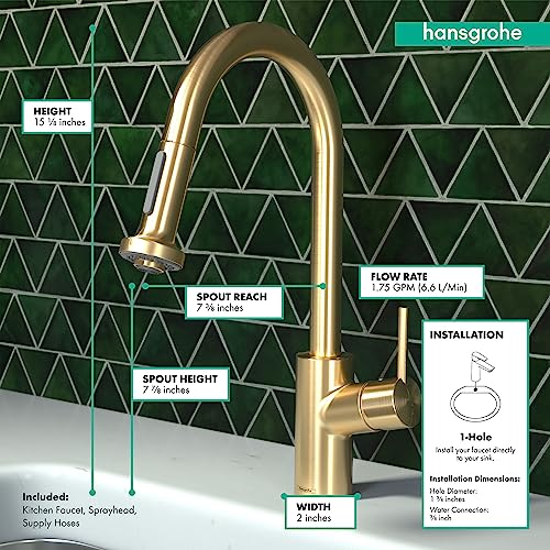 Brushed gold kitchen faucet with curved pull-down spout and specifications displayed on green tile background.