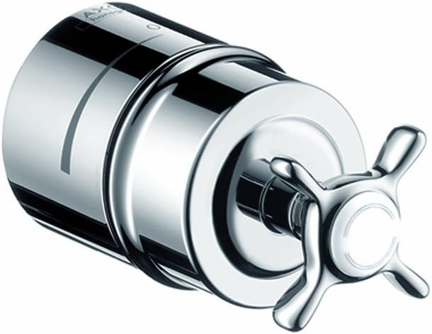 Chrome wall outlet with cylindrical body, cross handle, and integrated valve controls.