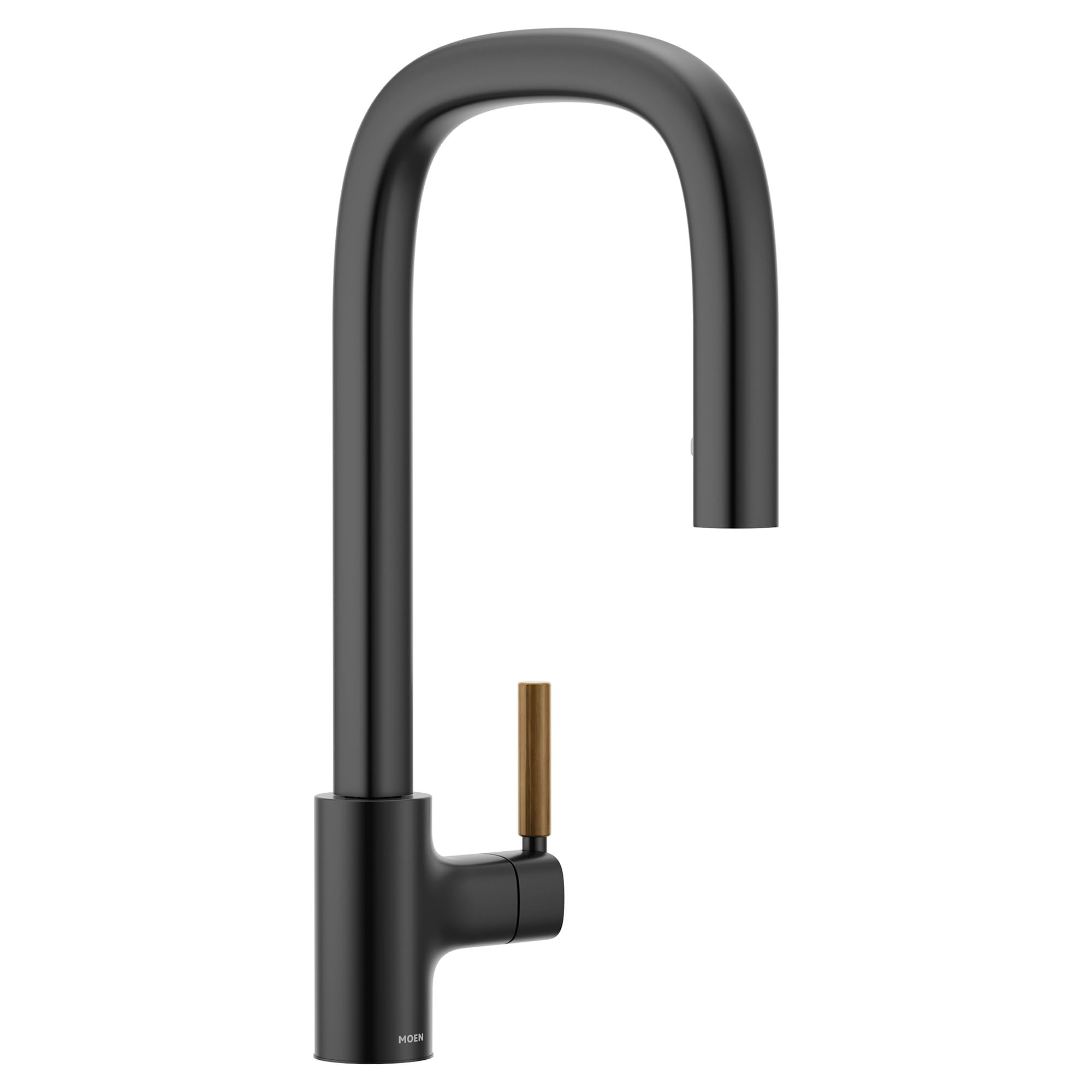 Matte black pulldown kitchen faucet with rounded spout, single lever handle, and wood-tone accent handle.
