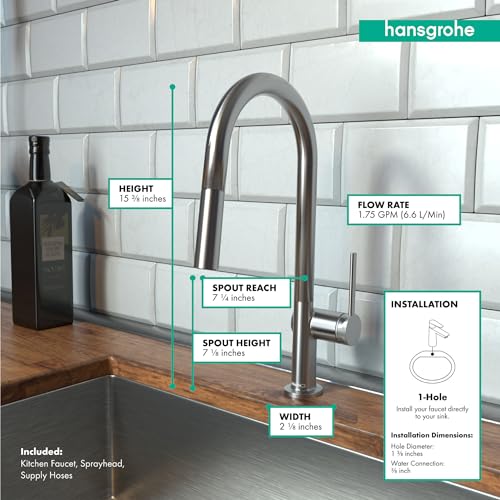 Stainless steel high-arc kitchen faucet with pull-down sprayer shown installed on wooden countertop against white subway tile