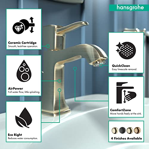 Brushed bronze single-hole bathroom faucet with curved spout and pop-up drain, shown with feature icons for ceramic cartridge