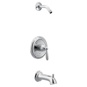 Chrome single-handle tub and shower trim kit with wall-mounted showerhead, control valve, and tub spout.