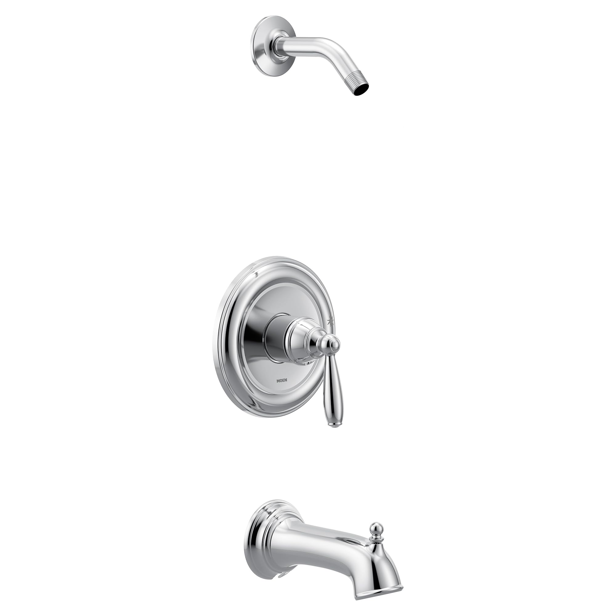 Chrome single-handle tub and shower trim kit with wall-mounted showerhead, control valve, and tub spout.
