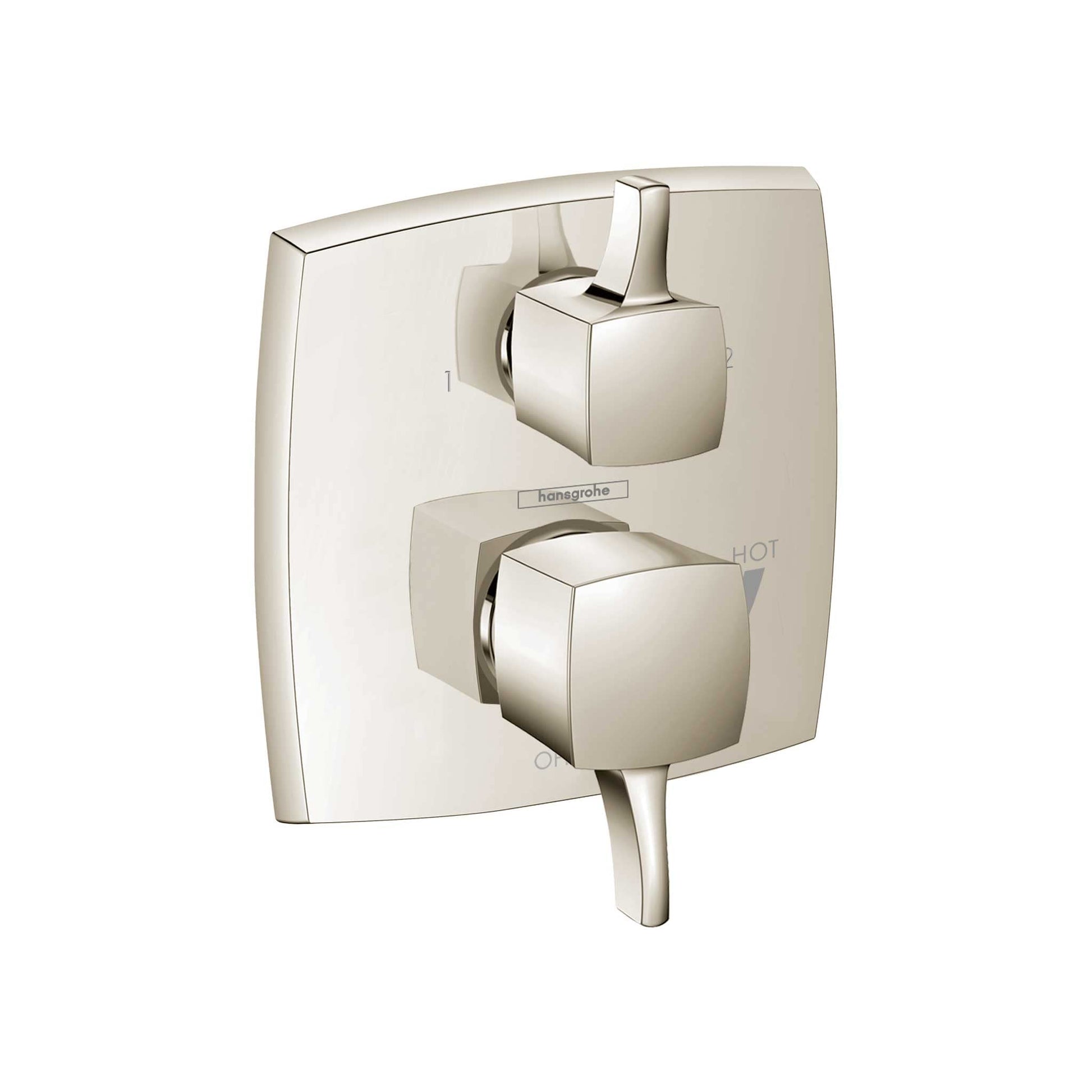 Polished nickel square shower valve trim with dual cube handles and diverter in brushed nickel finish.