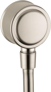 Brushed nickel wall outlet with spherical connector and cylindrical inlet tube for check valve connection.
