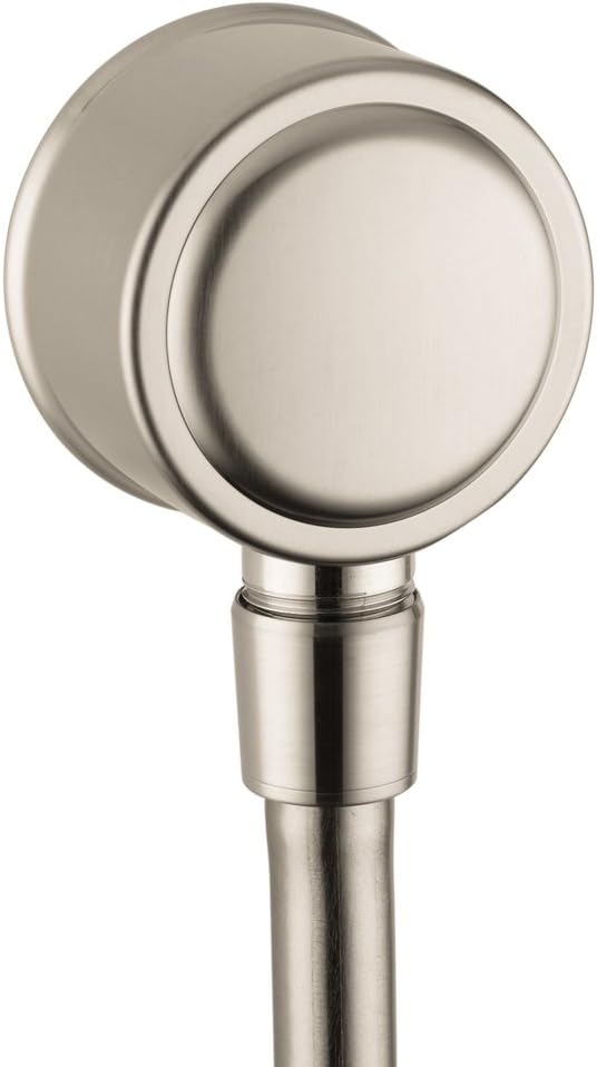 Brushed nickel wall outlet with spherical connector and cylindrical inlet tube for check valve connection.