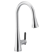 Chrome pulldown kitchen faucet with curved spout and single black handle, shown from front angle.