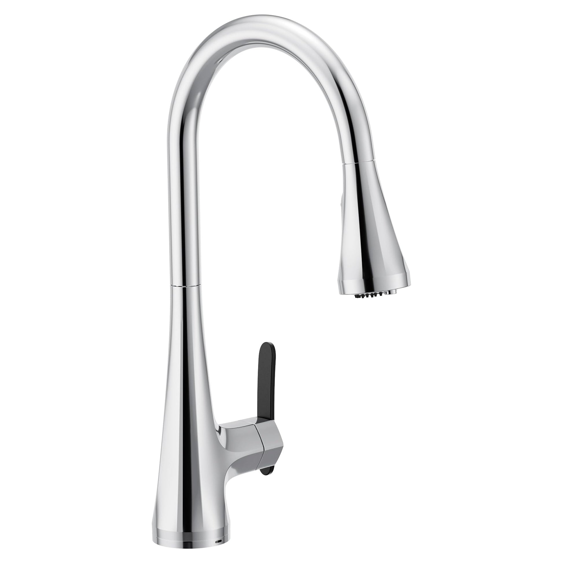 Chrome pulldown kitchen faucet with curved spout and single black handle, shown from front angle.