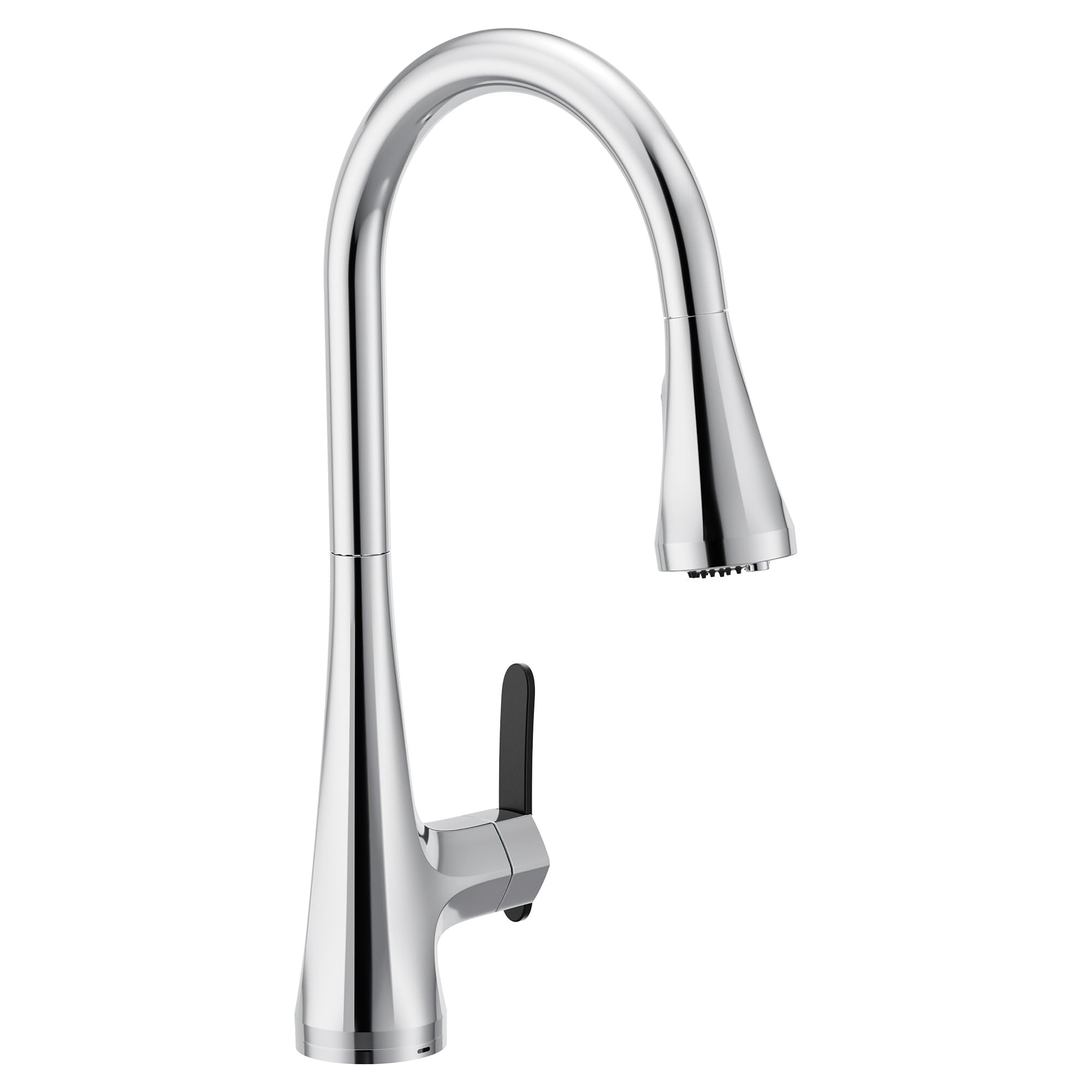 Chrome pulldown kitchen faucet with curved spout and single black handle, shown from front angle.