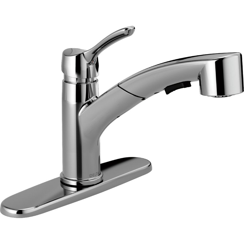 Chrome kitchen faucet with single handle lever and pull-out spray head mounted on oval base plate.