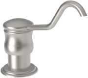 Satin nickel soap and lotion dispenser with curved spout and domed pump head on cylindrical base.