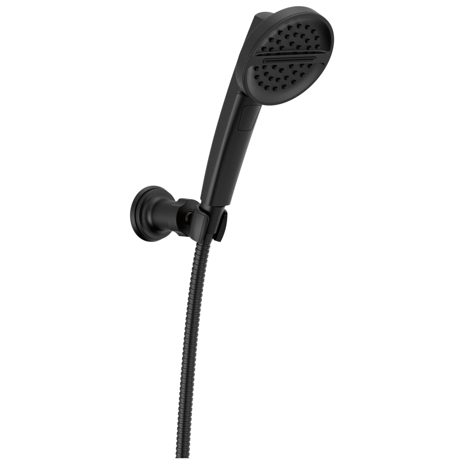 Black wall-mount handshower with round perforated head, flexible hose, and circular wall bracket.