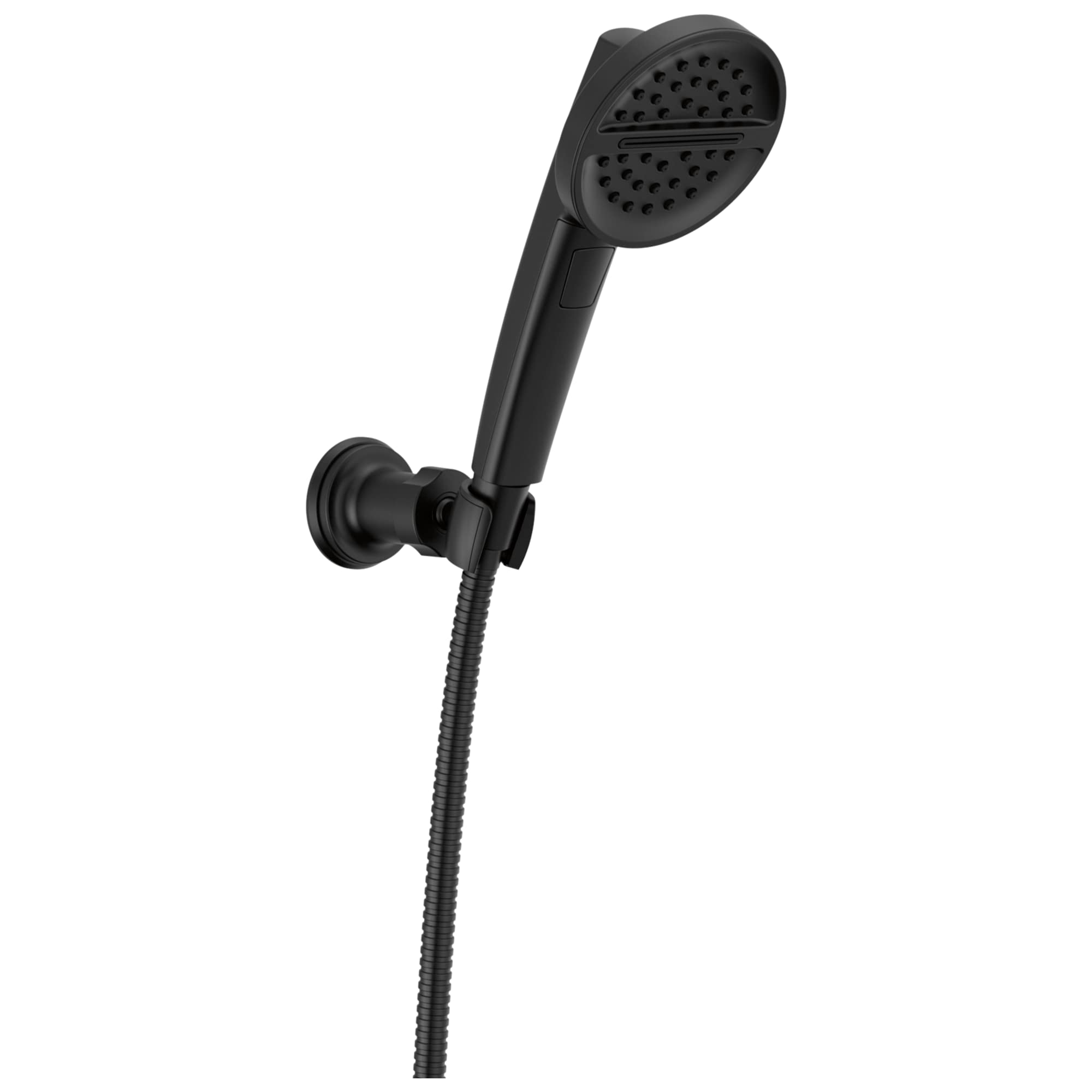 Black wall-mount handshower with round perforated head, flexible hose, and circular wall bracket.