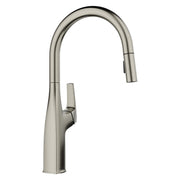 Satin platinum pull-down kitchen faucet with curved spout and single lever handle.